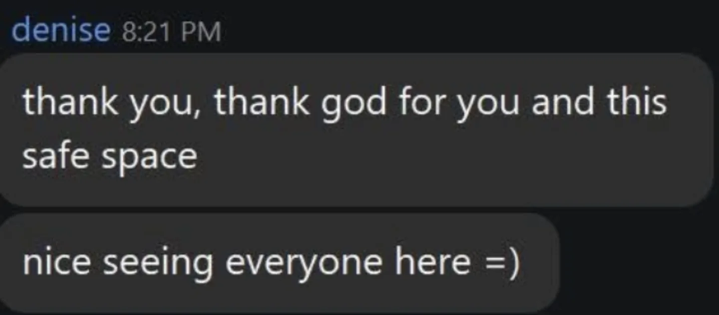 Live workshop chat: thank god for you and this safe space, nice seeing everyone here
